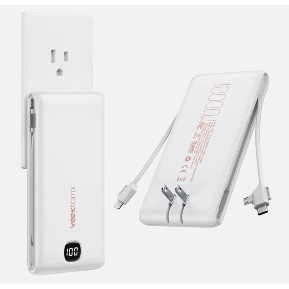Veektomx VT105 Power Bank 10000mAh White LED Display Type C Micro USB iPhone NIB